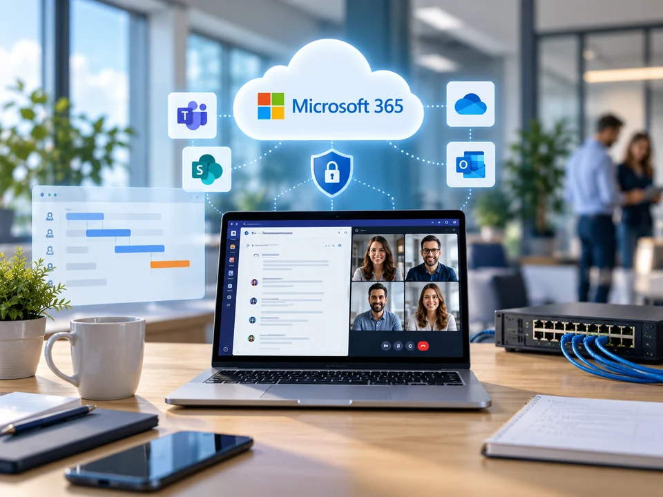 Symbolbild: Arbeitsplatz mit Microsoft 365, Cloud, Projektübersicht und Netzwerk.